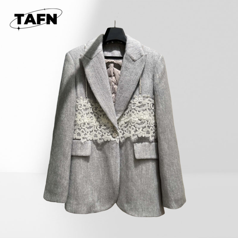 Wool Suit Jacket - Blazer Kotak-kotak Klasik Wanita Jaket Setelan