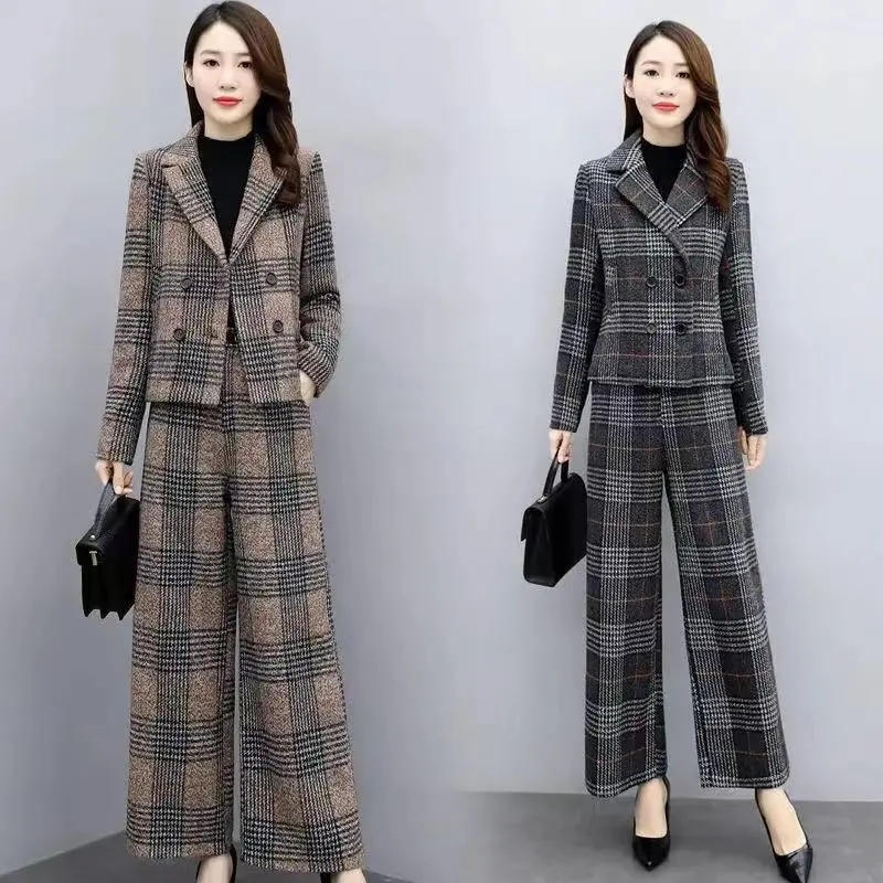 Wool Suit Jacket - Setelan Celana Lebar Modis Wanita, Tren